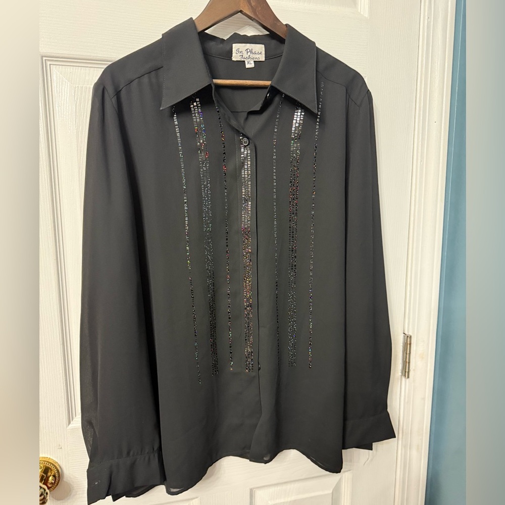 Black Button-Up Shirt with Sequin Rainbow Stripes